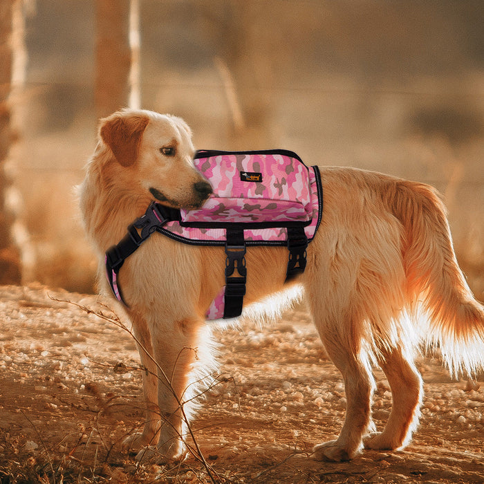 Ondoing Dog Backpack Harness Pet Carrier Saddle Bag Reflective Adjustable Outdoor Hiking-L-Camo Pink